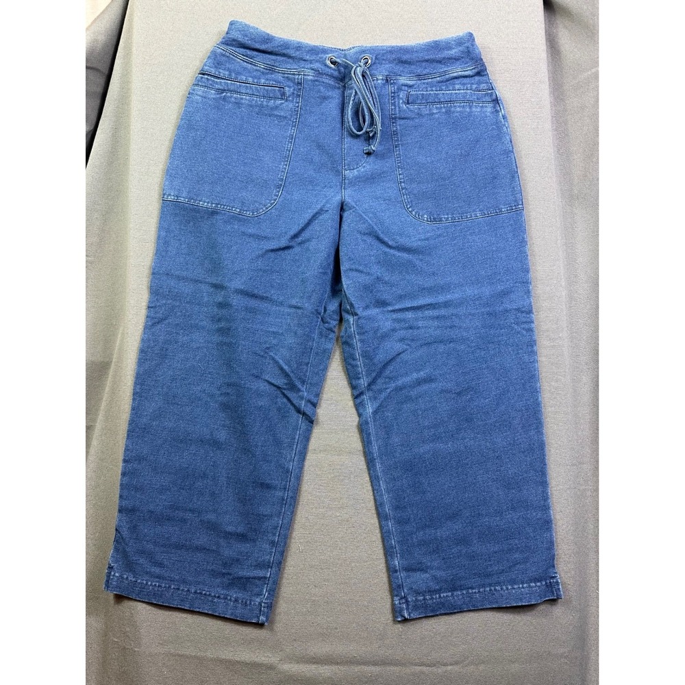 National Women Blue Knit Denim Crop Pants Drawstring Wide Leg 23706 Size 10 NEW